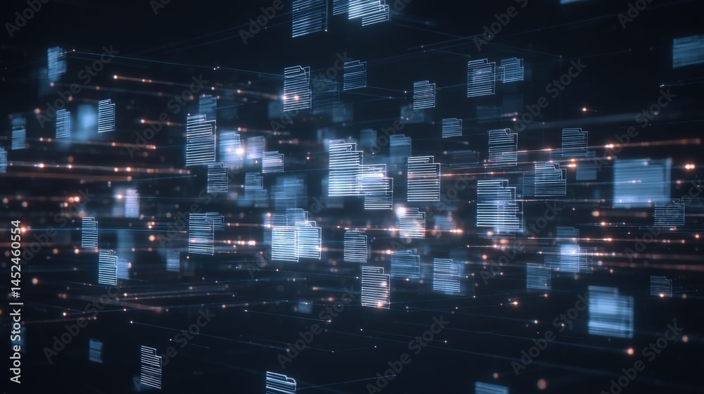 Poster abstract network grid with files and folders, futuristic software interface, digital document manage