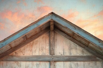 A weathered wooden gable roof against a painted sky.