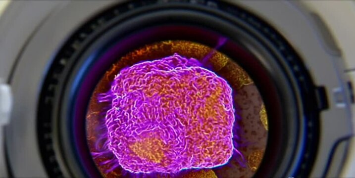 Microscopic view of cells research revealing vibrant purple and gold structures under a powerful lens