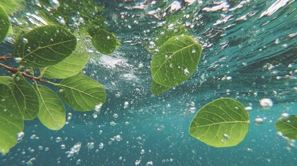 Underwater view of vibrant green leaves and bubbles in crystal clear water