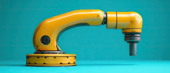 A yellow industrial robot arm, with detailed construction, against a teal backdrop