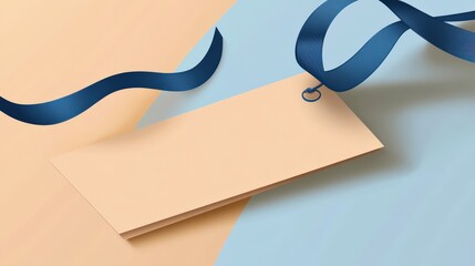 Elegant blank gift tag with blue ribbon on pastel background for celebrations and promotions