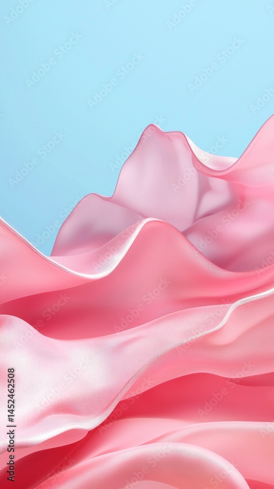 Poster flowing waves of soft pink fabric rise and fall like hills, set against a serene light blue backgrou