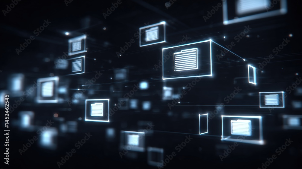 Poster abstract network grid with files and folders, futuristic software interface, digital document manage