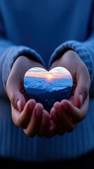 Double Exposure Illustration of Hands Holding a Heart Shape Symbolizing Harmony with Nature and Sunset Over Clouds in a Serene Sky