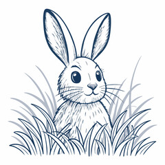 Create a bold, vector illustration of a cute bunny rabbit peeking playfully from behind a circular frame, featuring a thick, black outline.