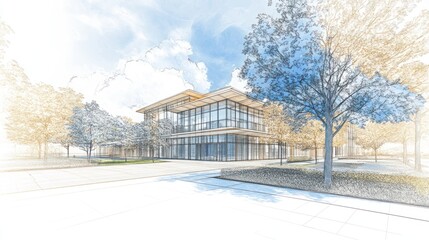 Obraz premium Modern office building architectural sketch
