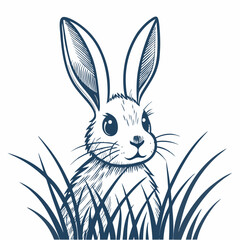 Create a vector illustration of a bold, black-outlined bunny rabbit peeking playfully from behind a circular object.  The style should be clean and modern.