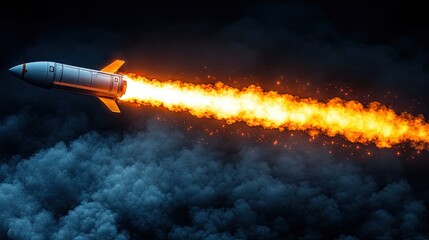 A rocket ascends with fiery trail through dark clouds