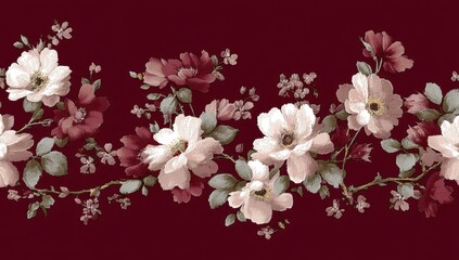 Elegant Floral Design, Roses and Blossoms on Deep Burgundy Background, Exquisite Botanical Illustration, Vintage Flower Pattern.
