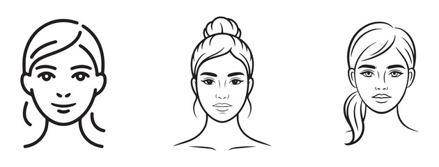 Set of line art different woman face vector. Woman head icon. Woman face silhouette. Vector illustration eps 10