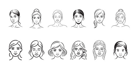 Set of line art different woman face vector. Woman head icon. Woman face silhouette. Vector illustration eps 10