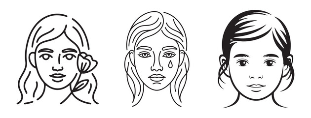Set of line art different woman face vector. Woman head icon. Woman face silhouette. Vector illustration eps 10