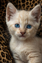 a light cream-colored kitten with striking blue eyes