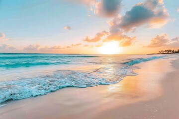 Fototapeta premium Serene Sunset Waves Gently Crashing on a Sandy Beach Shore, Creating a Peaceful and Tranquil Atmosphere; Golden Hour Light Illuminates the Scene with Warm Hues, Enhancing the Idyllic Coastal Beauty.