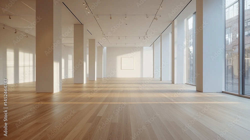 Poster spacious art gallery showcases minimalist design with tall windows allowing soft afternoon light to 