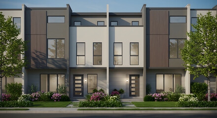 Naklejka premium Modern Townhouses With Landscaped Front Yards And Contemporary Architecture