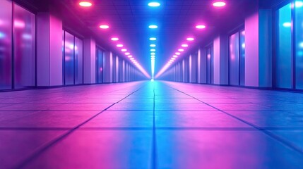 Hallway with glowing ceiling lights cast vibrant pink and blue hues on walls and floor
