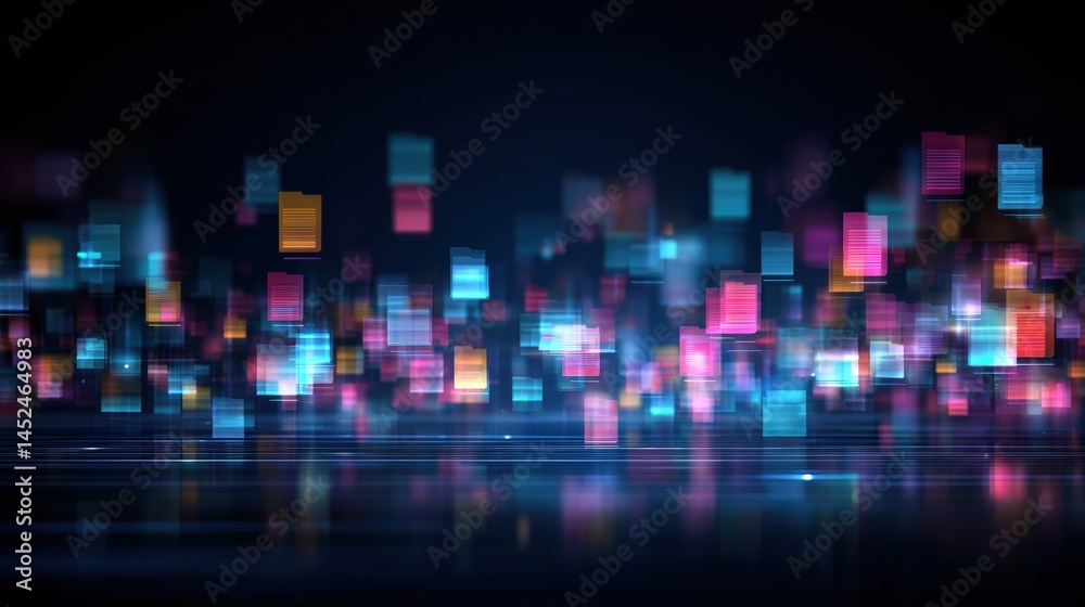 Poster abstract network grid with files and folders, futuristic software interface, digital document manage