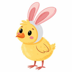 Create a vector illustration of a bold-outlined chick wearing a bunny costume, emphasizing strong, thick lines.  Include vibrant colors.