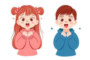 Surprised happy boy and girl. Cute children on white background.