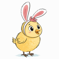 Create a vector illustration of a bold-outlined chick wearing a bunny costume, playful and cute style.