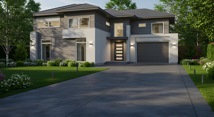 Fototapeta premium Elegant Suburban Dwelling With Manicured Lawn And Modern Design Elements