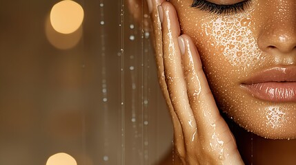 Close Up of Woman's Face with Gold Shimmering Skincare Product, Shower Lighting