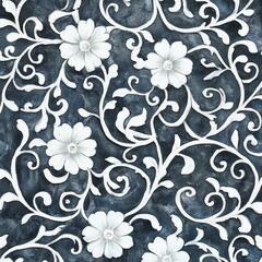 Watercolor Intricate White Floral Lattice Dark Blue Background - Elegant, vintage, floral, , dark blue watercolor background. Symbolizing: sophistication, artistry, nature, serenity, timeless beauty