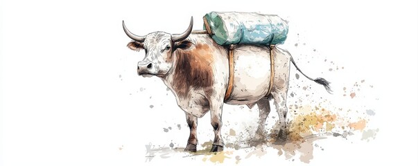 Watercolor illustration of an ox carrying a heavy load on its back, showcasing rural life and traditional transportation.