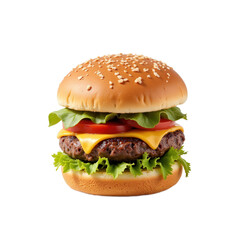 A delicious cheeseburger with lettuce and tomato on a sesame seed bun.