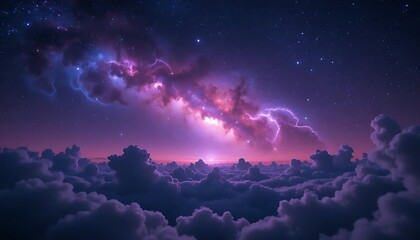 Obraz premium Starlight Beam Corridor to Galaxy Background A digital concept of an abstract corridor formed by converging starlight beams leading to a bright galactic horizon, with purple and cyan nebula accents, 