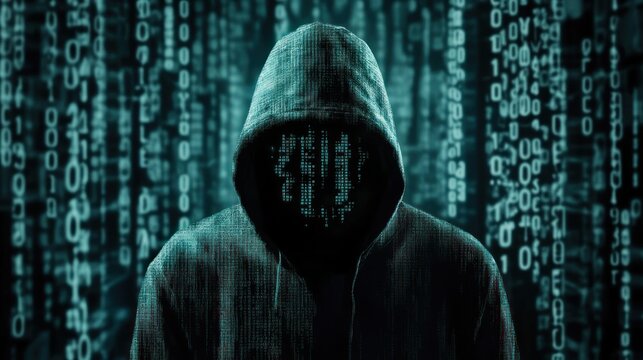 Hacker in hoodie with binary code