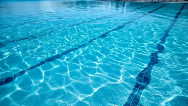 Olympic-style outdoor swimming pool with lane lines, crystal clear turquoise water, sunlight reflections, and calm ripples. Ultra HD 4K 3840x2160 looping motion video animation