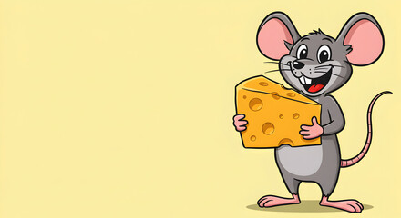 Obraz premium Happy Cartoon Mouse Holding Cheese with Text Area.