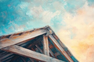 Obraz premium Wooden roof structure angled view against a painted sky.