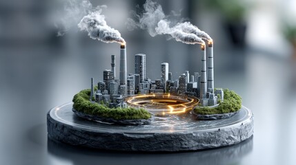 Industrial emissions impacting co2 levels urban environment 3d model pollution awareness aerial view climate change concept