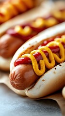 Closeup of Grilled Hot Dog with Mustard and Ketchup