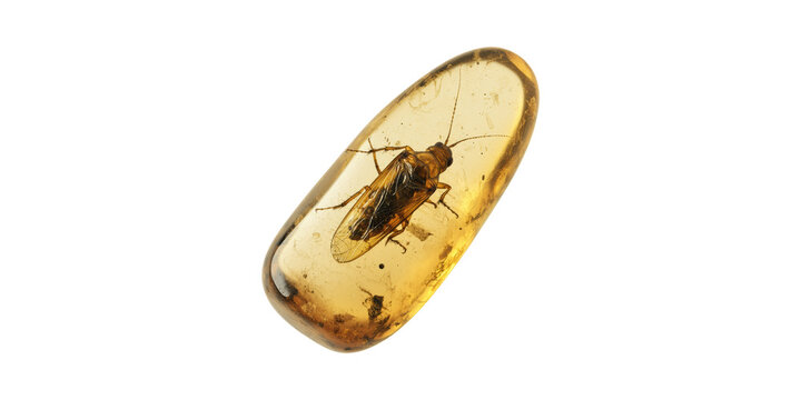 Cockroach Encased In Amber-Like Capsule. Symbol Of Preservation And Time Isolated On Transparent Background