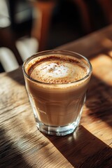 Macchiato menu. Cup of Coffee Macchiato. Cup of Coffee on wooden table at Cafe. 