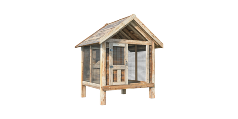 Wooden Chicken Coop With Wire Mesh. Secure Outdoor Shelter For Poultry And Small Animals Isolated On Transparent Background
