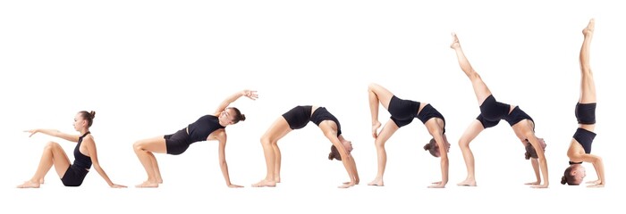 Young woman doing artistic gymnastics training, flexible rhythmic gymnast performing poses and...