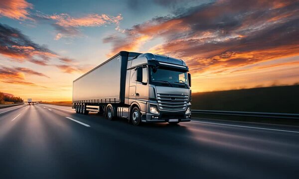 Sunset highway journey: truck traveling at high speed on scenic open road