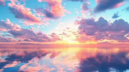 Fototapeta premium A vibrant sunset reflected in a tranquil water scene.