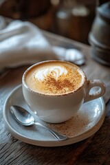 Cappuccino menu. Cup of Cappuccino. Cup of Coffee on wooden table at Cafe.