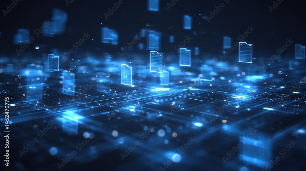 Poster abstract network grid with files and folders, futuristic software interface, digital document manage