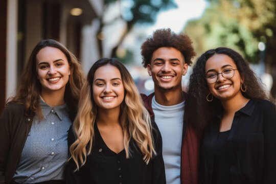 Portrait of a smiling diverse group of students infornt of university in usa