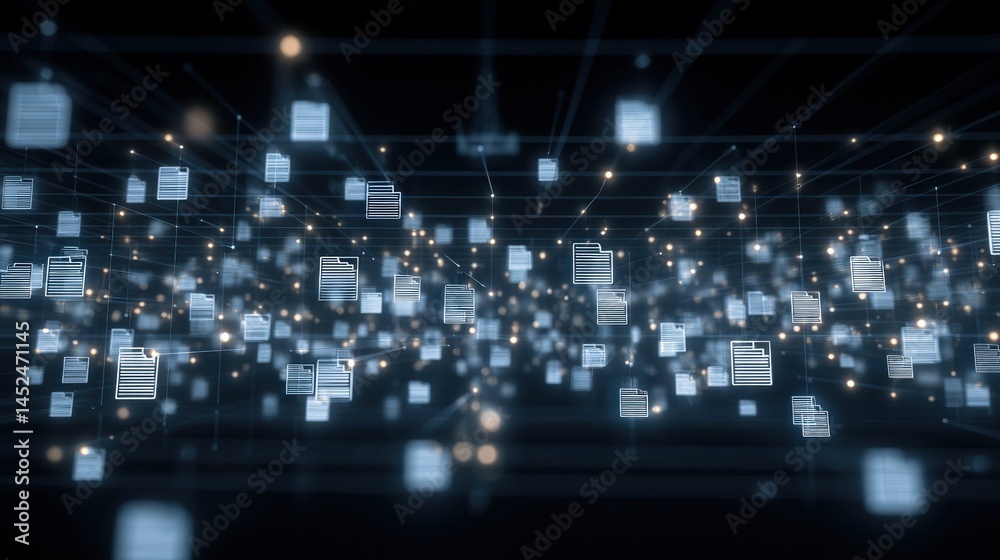 Poster abstract network grid with files and folders, futuristic software interface, digital document manage