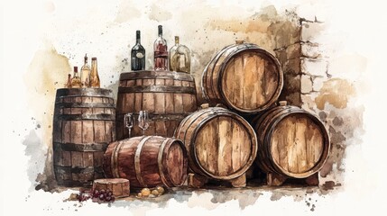 Watercolor Rustic Wine Cellar Aged Wooden Barrels - Aged wooden barrels, wine bottles, and grapes in a rustic wine cellar setting. Symbolizing tradition, craftsmanship, aging process, vintage