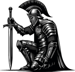 Kneeling Knight Vector Silhouette Design, Medieval Warrior Clipart for T-Shirts and Tattoo Art, Chivalry Symbol Cricut Cut File, Honor and Loyalty Concept Illustration for Historical Decor Prints